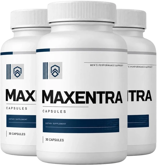 Three bottles of Maxentra Men's Performance Support capsules