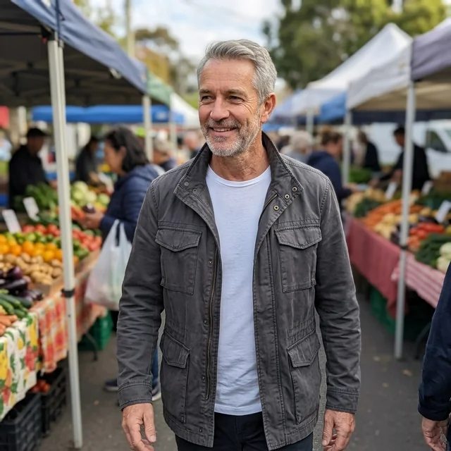 Illustrative photo of a smiling man walking through a market