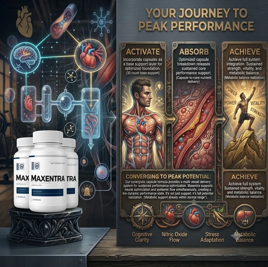 Brand infographic: your journey to peak performance with Maxentra in three stages, activate, absorb and achieve